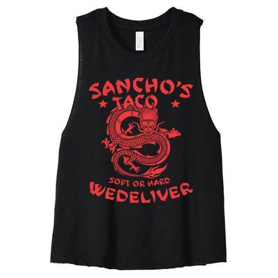 Sanchos Tacos Soft Or Hard We Deliver Apparel Women's Racerback Cropped Tank