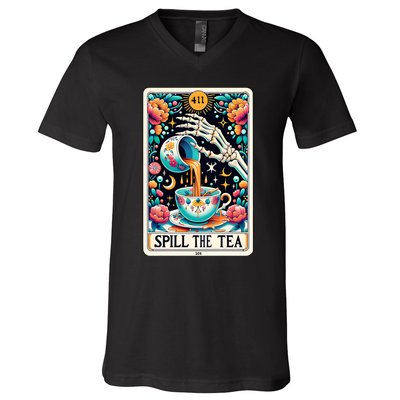 Spill The Tea Funny Tarot Card Sarcastic Skeleton V-Neck T-Shirt