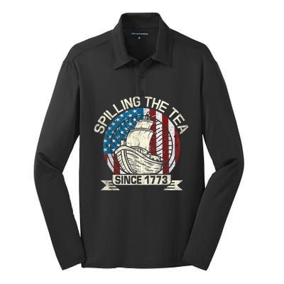 Spilling The Tea Since 1773 Patriotic Tea Party July 4th Silk Touch Performance Long Sleeve Polo