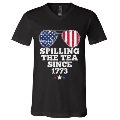 Spilling The Tea Since 1773 Funny 4th Of July American Flag V-Neck T-Shirt