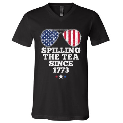 Spilling The Tea Since 1773 Funny 4th Of July American Flag V-Neck T-Shirt