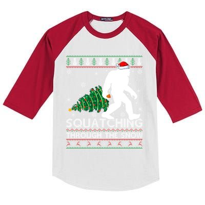 Squatching Through The Snow Xmas Tree Ugly Bigfoot Christmas Gift Kids Colorblock Raglan Jersey