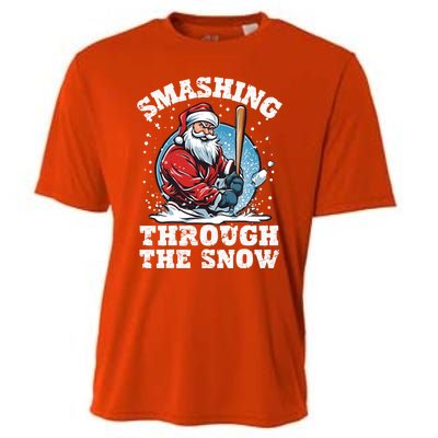 Smashing Through The Snow Christmas Santa Baseball Player Gift Cooling Performance Crew T-Shirt