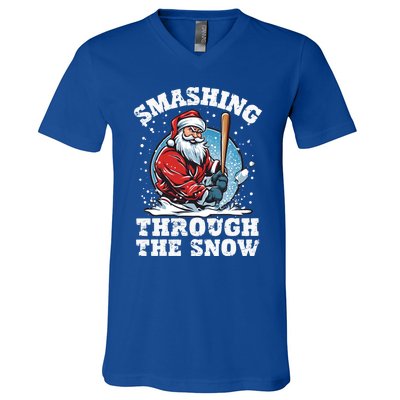 Smashing Through The Snow Christmas Santa Baseball Player Gift V-Neck T-Shirt