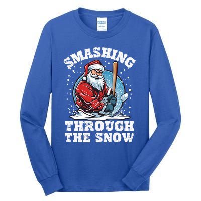 Smashing Through The Snow Christmas Santa Baseball Player Gift Tall Long Sleeve T-Shirt