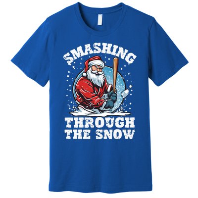 Smashing Through The Snow Christmas Santa Baseball Player Gift Premium T-Shirt