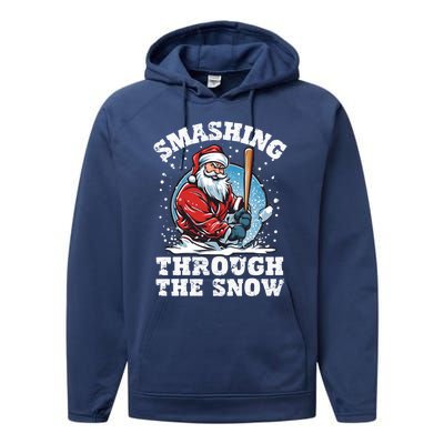 Smashing Through The Snow Christmas Santa Baseball Player Gift Performance Fleece Hoodie