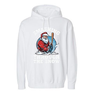 Smashing Through The Snow Christmas Santa Baseball Player Gift Garment-Dyed Fleece Hoodie