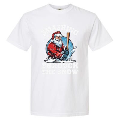 Smashing Through The Snow Christmas Santa Baseball Player Gift Garment-Dyed Heavyweight T-Shirt