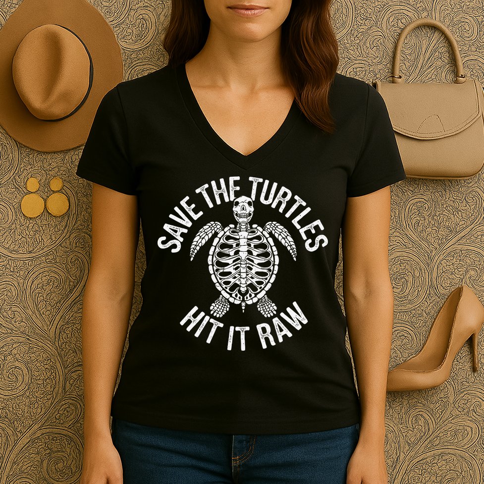 Save The Turtles Hit It Raw Funny Save The Planet Women's V-Neck T-Shirt