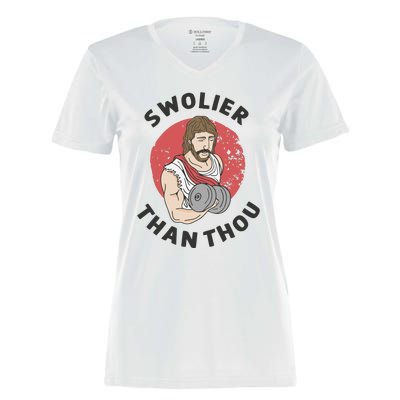 Swolier Than Thou Funny Jesus Women's Momentum V-Neck T-Shirt