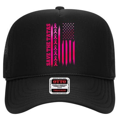 Save The Tatas American Flag Fighting Breast Cancer High Crown Mesh Back Trucker Hat