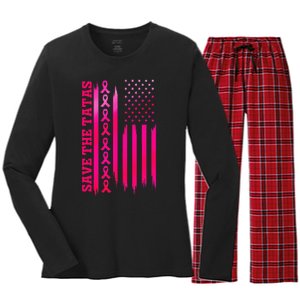 Save The Tatas American Flag Fighting Breast Cancer Women's Long Sleeve Flannel Pajama Set 