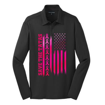 Save The Tatas American Flag Fighting Breast Cancer Silk Touch Performance Long Sleeve Polo