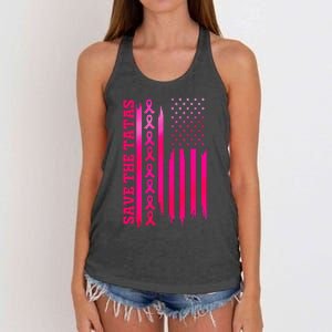 Save The Tatas American Flag Fighting Breast Cancer Women's Knotted Racerback Tank