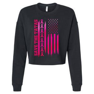 Save The Tatas American Flag Fighting Breast Cancer Cropped Pullover Crew