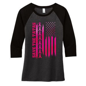 Save The Tatas American Flag Fighting Breast Cancer Women's Tri-Blend 3/4-Sleeve Raglan Shirt