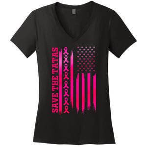 Save The Tatas American Flag Fighting Breast Cancer Women's V-Neck T-Shirt