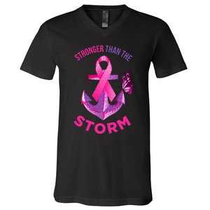 Stronger Than The Storm Fight Breast Cancer Ribbon Wear Pink V-Neck T-Shirt