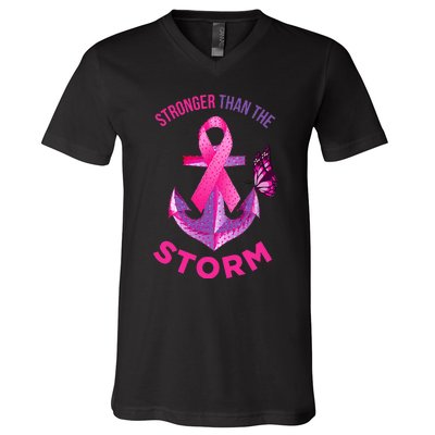 Stronger Than The Storm Fight Breast Cancer Ribbon Wear Pink V-Neck T-Shirt