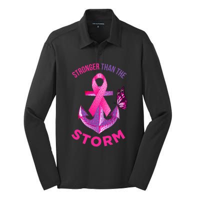 Stronger Than The Storm Fight Breast Cancer Ribbon Wear Pink Silk Touch Performance Long Sleeve Polo