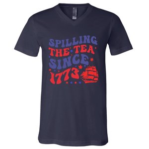 Spilling The Tea Since 1773 Retro Groovy History Teacher Fun V-Neck T-Shirt