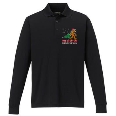 Squatching Through The Snow Christmas Bigfoot Sasquatch Cute Gift Performance Long Sleeve Polo