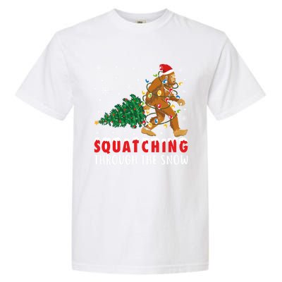 Squatching Through The Snow Christmas Bigfoot Sasquatch Cute Gift Garment-Dyed Heavyweight T-Shirt