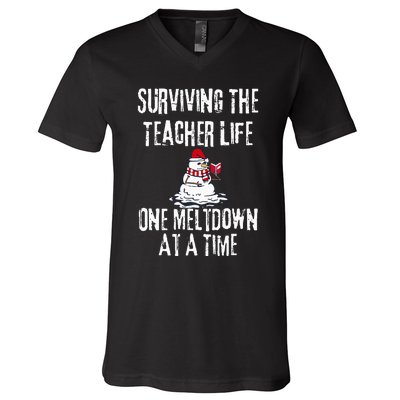 Surviving The Teacher Life One Meltdown At A Time Christmas V-Neck T-Shirt