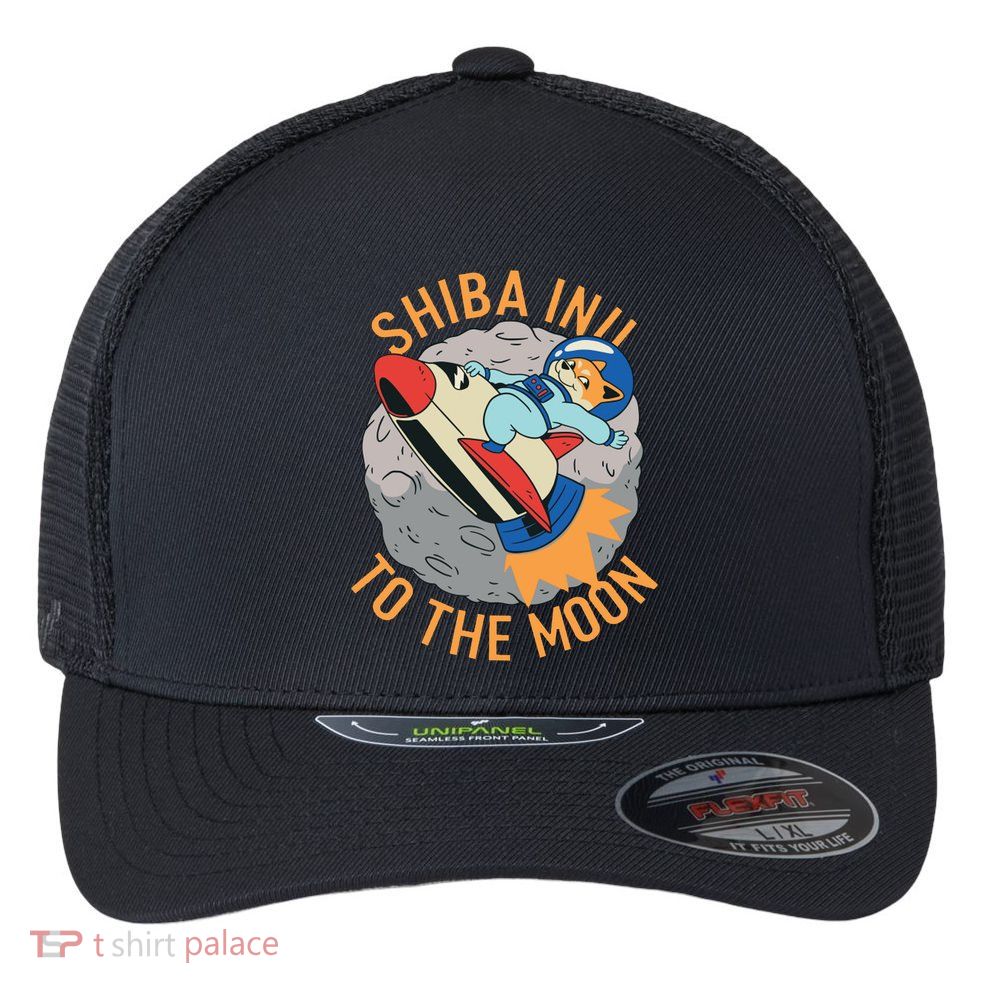 Shiba To The Moon Fox Rocket Ship Flexfit Unipanel Trucker Cap