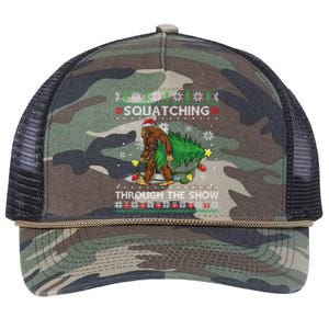 Squatching Through The Snow Squatch Bigfoot Ugly Christmas Gift Retro Rope Trucker Hat Cap