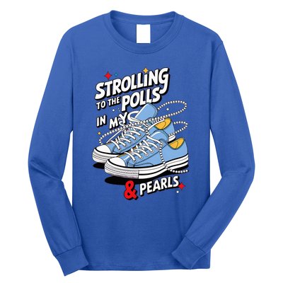 Strolling To The Polls In My Chucks & Pearls Kamala Cat Lady Long Sleeve Shirt