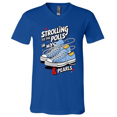 Strolling To The Polls In My Chucks & Pearls Kamala Cat Lady V-Neck T-Shirt