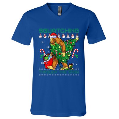 Squatching Through The Snow Squatch Santa Bigfoot V-Neck T-Shirt