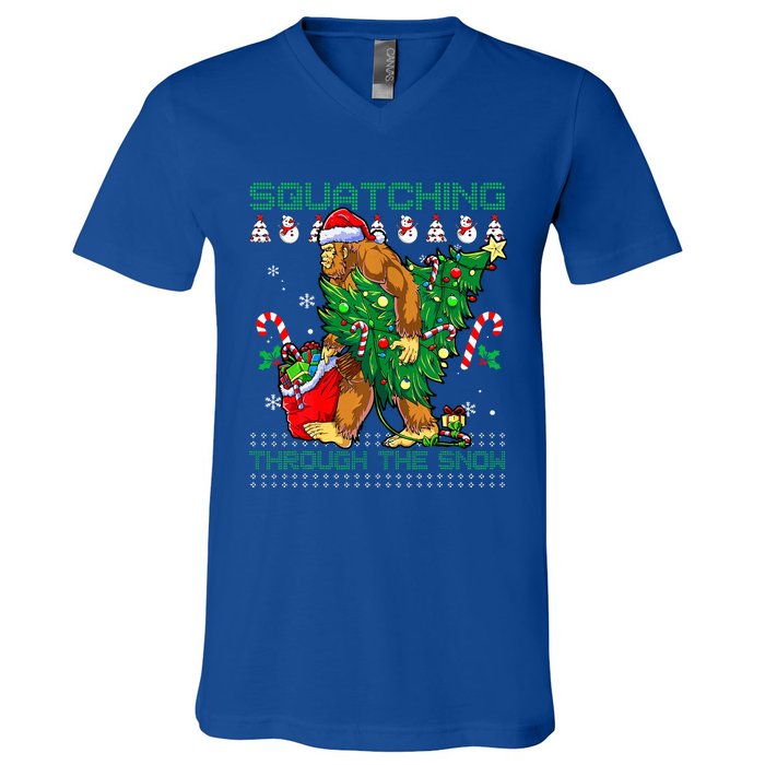 Squatching Through The Snow Squatch Santa Bigfoot V-Neck T-Shirt