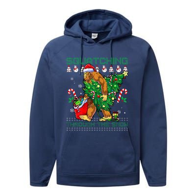 Squatching Through The Snow Squatch Santa Bigfoot Performance Fleece Hoodie