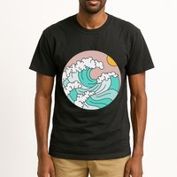 Summer Theme Teal Blue Waves Japanese Graphic Ocean Sky Sun Tall T-Shirt