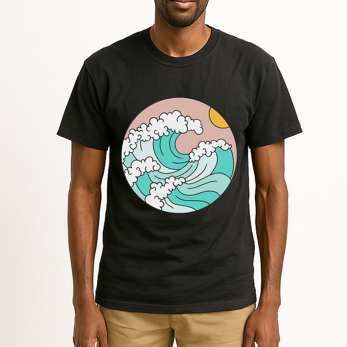 Summer Theme Teal Blue Waves Japanese Graphic Ocean Sky Sun Tall T-Shirt