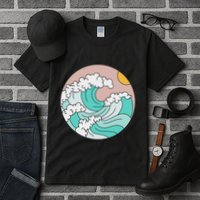 Summer Theme Teal Blue Waves Japanese Graphic Ocean Sky Sun Tall T-Shirt