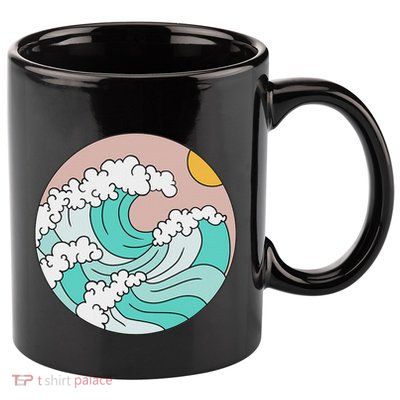 Summer Theme Teal Blue Waves Japanese Graphic Ocean Sky Sun 11oz C Handle Ceramic Mug