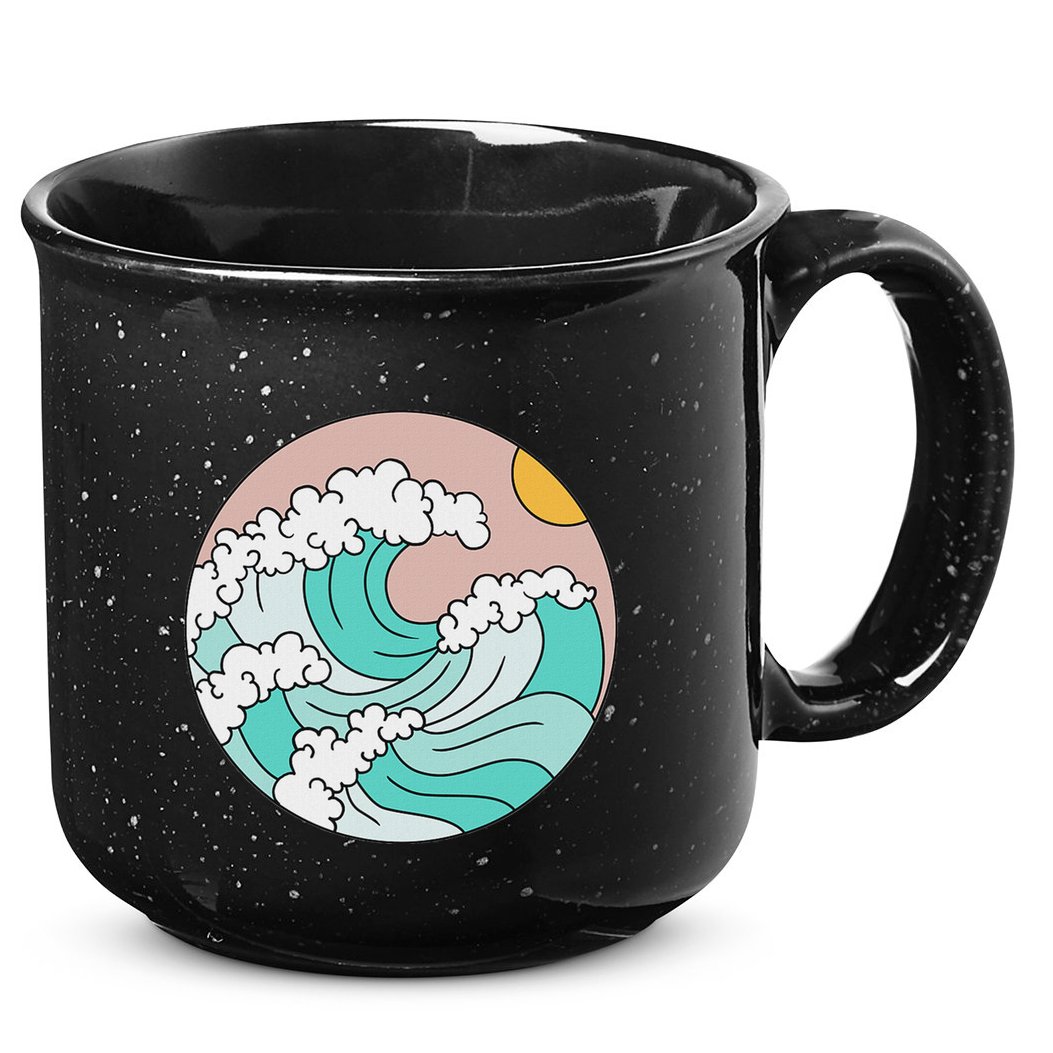 Summer Theme Teal Blue Waves Japanese Graphic Ocean Sky Sun 15oz Campfire Ceramic Mug