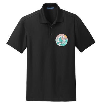 Summer Theme Teal Blue Waves Japanese Graphic Ocean Sky Sun Dry Zone Grid Polo