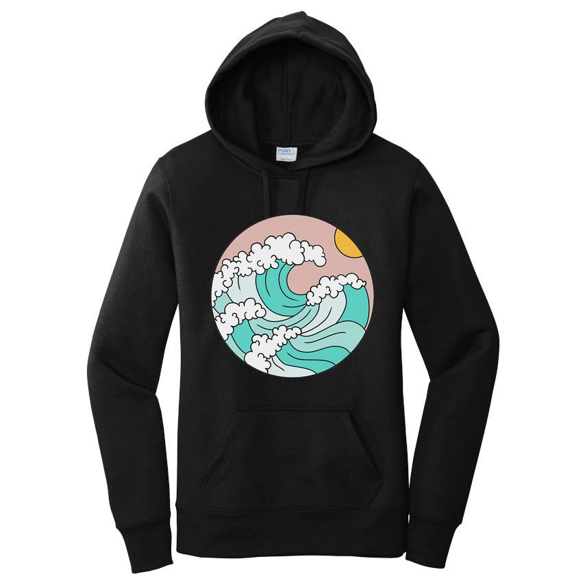 Summer Theme Teal Blue Waves Japanese Graphic Ocean Sky Sun Women's Pullover Hoodie