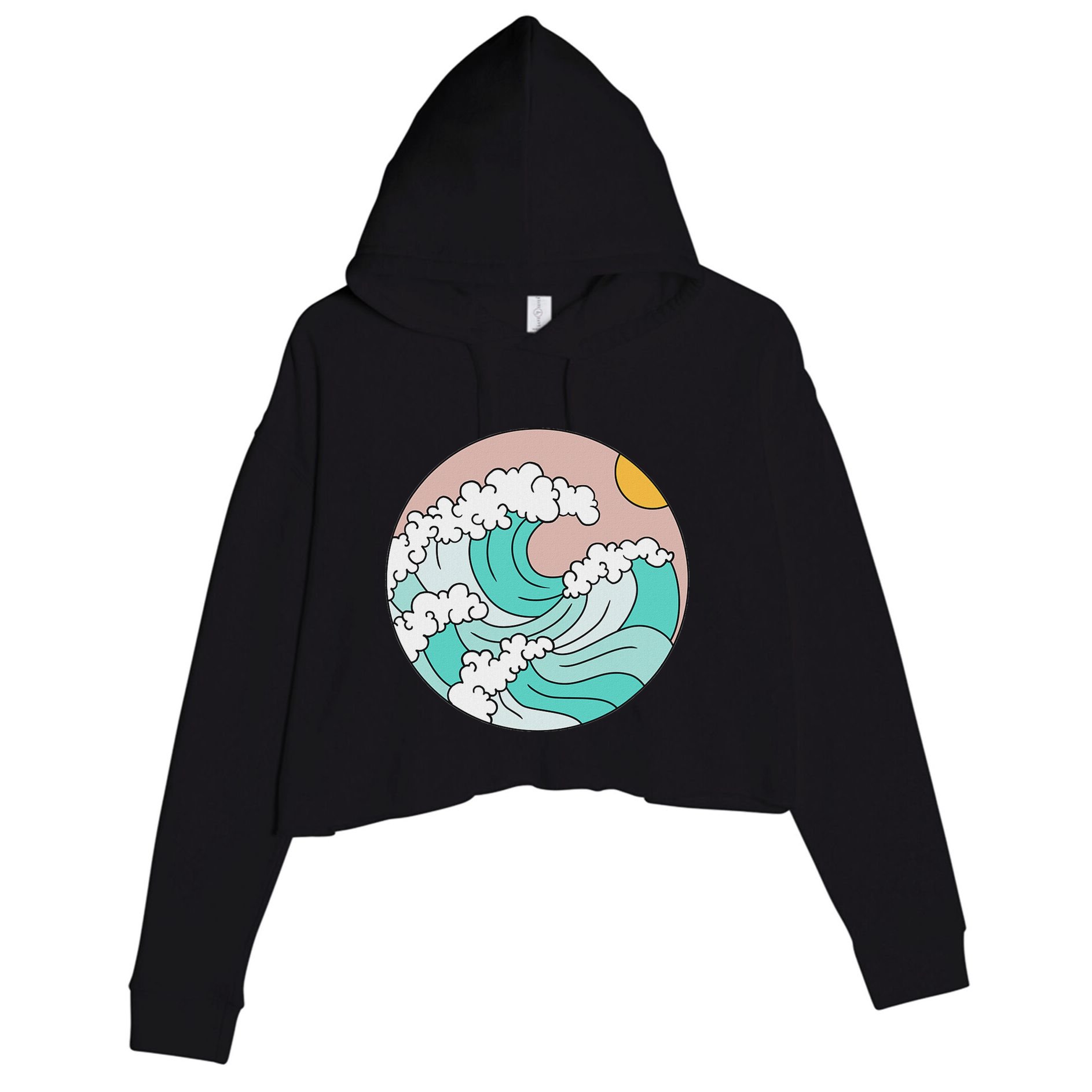 Summer Theme Teal Blue Waves Japanese Graphic Ocean Sky Sun Crop Fleece Hoodie