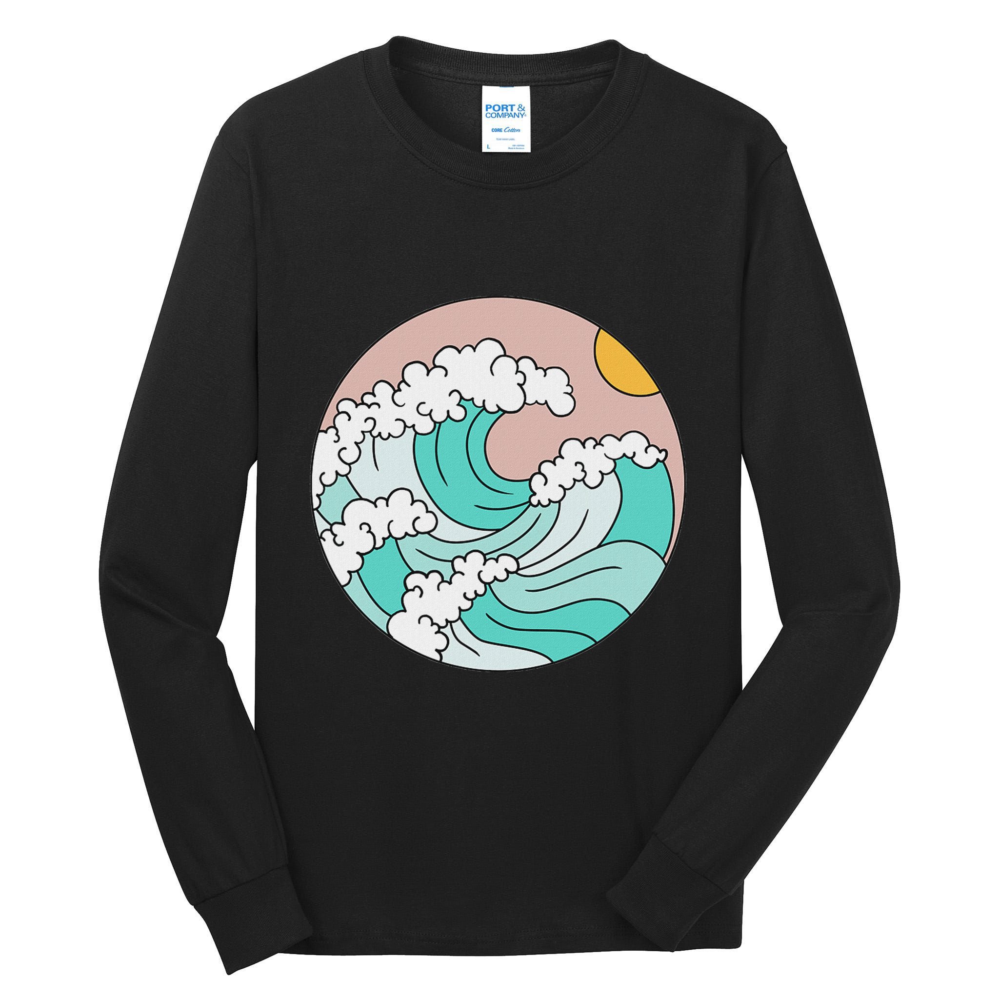 Summer Theme Teal Blue Waves Japanese Graphic Ocean Sky Sun Tall Long Sleeve T-Shirt
