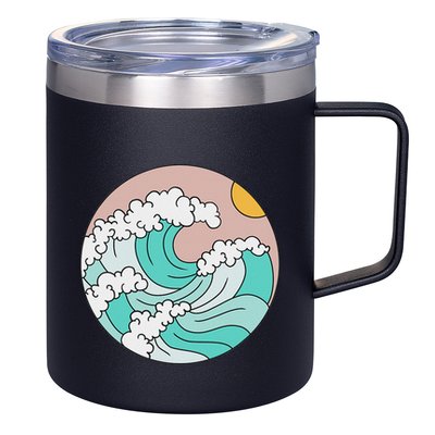 Summer Theme Teal Blue Waves Japanese Graphic Ocean Sky Sun 12oz Stainless Steel Coffee Mug