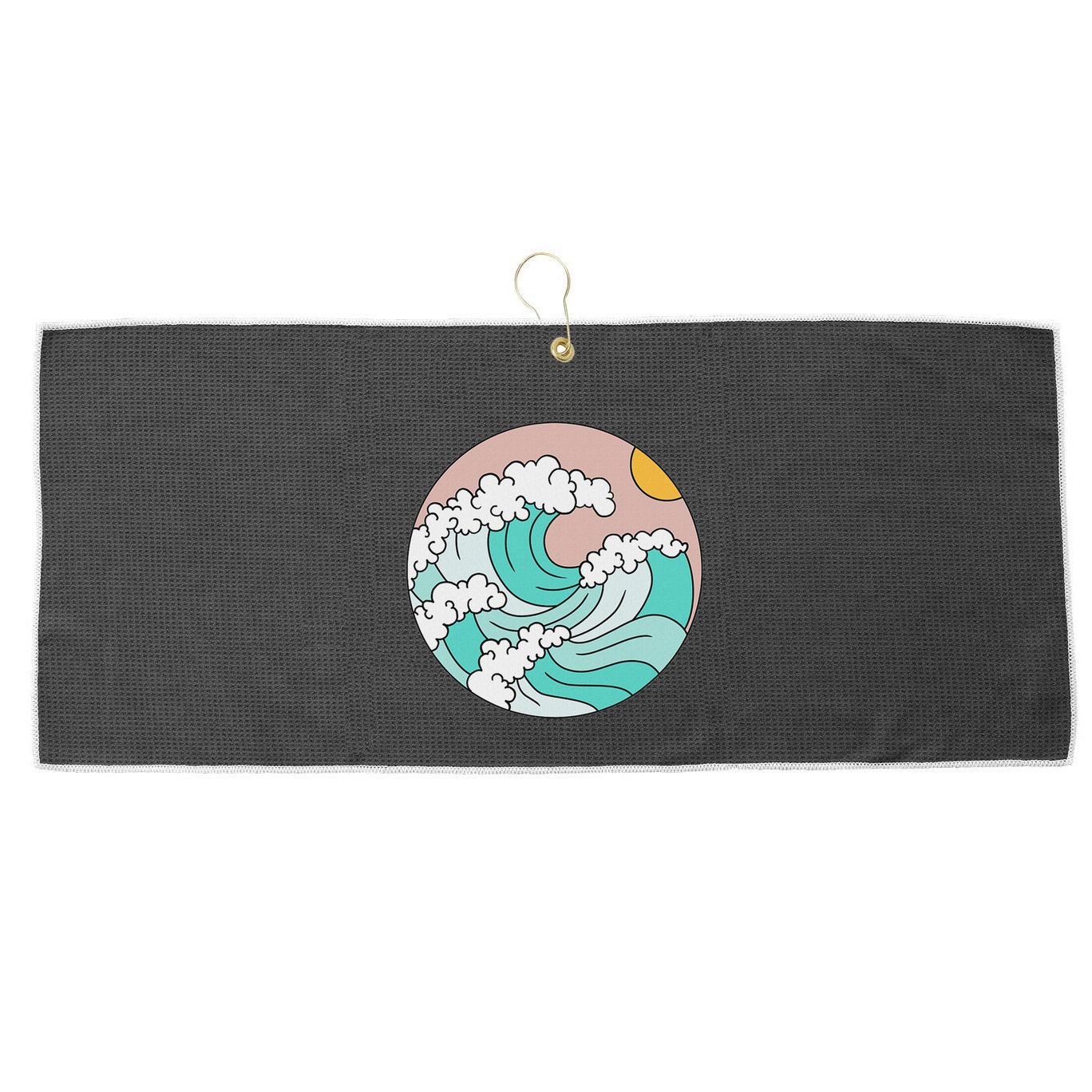 Summer Theme Teal Blue Waves Japanese Graphic Ocean Sky Sun Large Microfiber Waffle Golf Towel