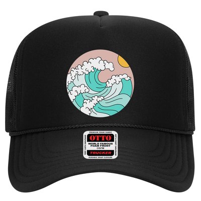 Summer Theme Teal Blue Waves Japanese Graphic Ocean Sky Sun Trucker Hat