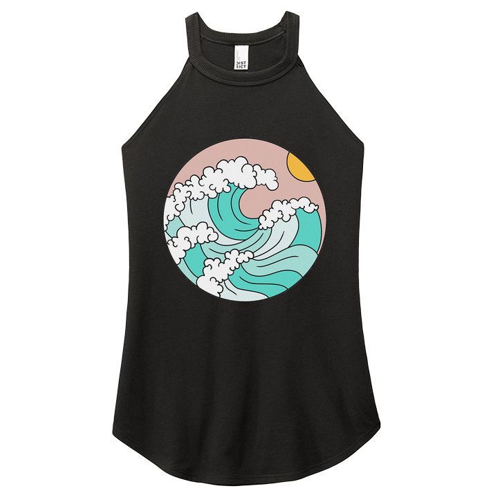 Summer Theme Teal Blue Waves Japanese Graphic Ocean Sky Sun Women's Perfect Tri Rocker Tank