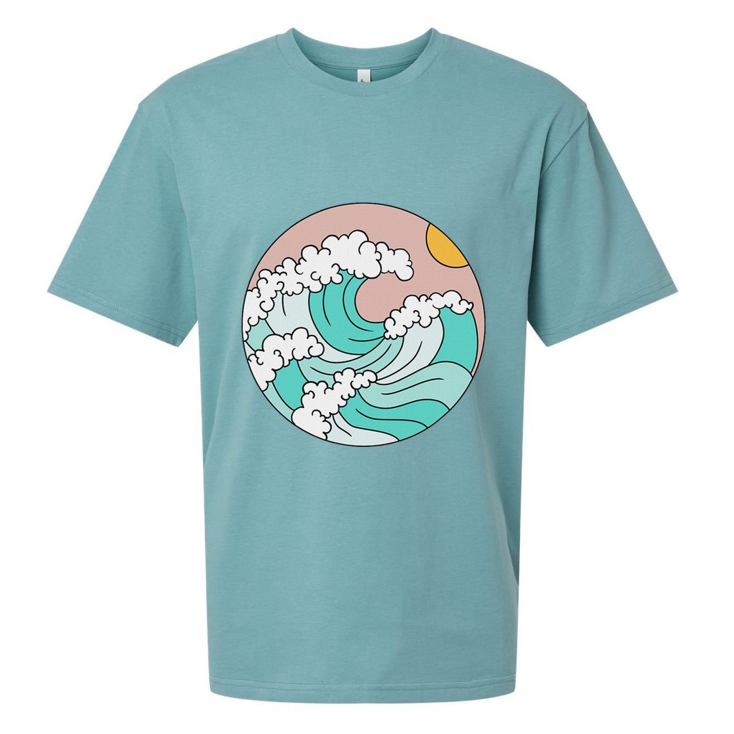 Summer Theme Teal Blue Waves Japanese Graphic Ocean Sky Sun Sueded Cloud Jersey T-Shirt